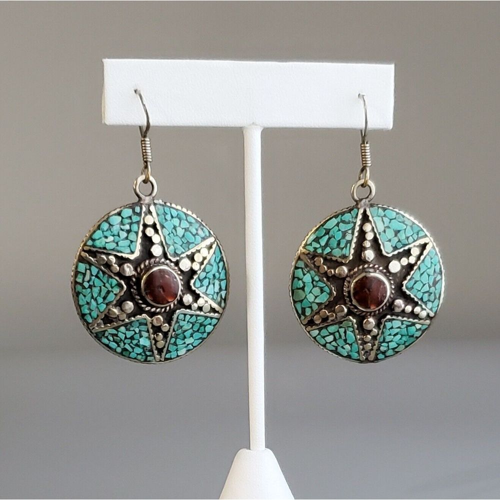 Turquoise Chip Earrings Drop‎ Dangle Star Earrings 2.25" Inches Long 1.25" Disc